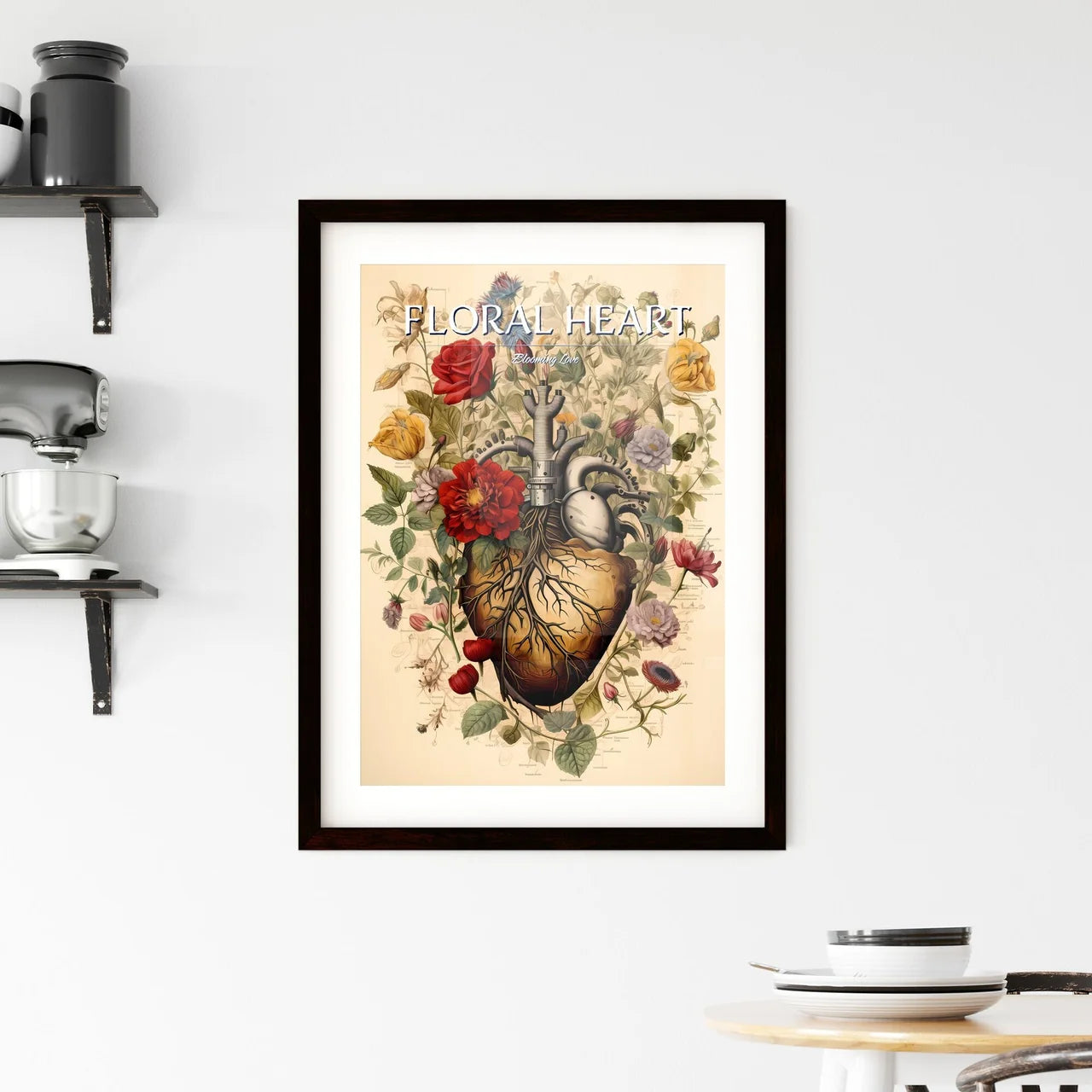 A Drawing Of A Human Heart Surrounded By Flo Framed Print