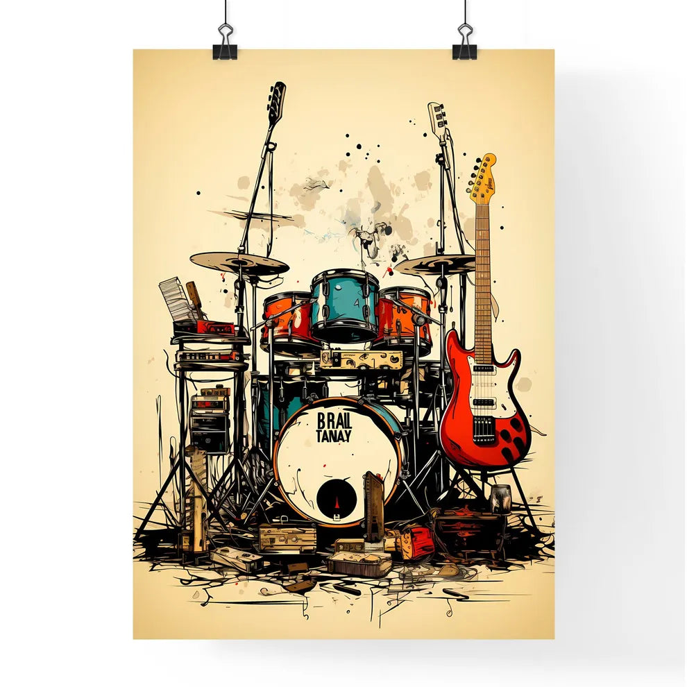 A Drum Set With A Guitar And Drum Poster