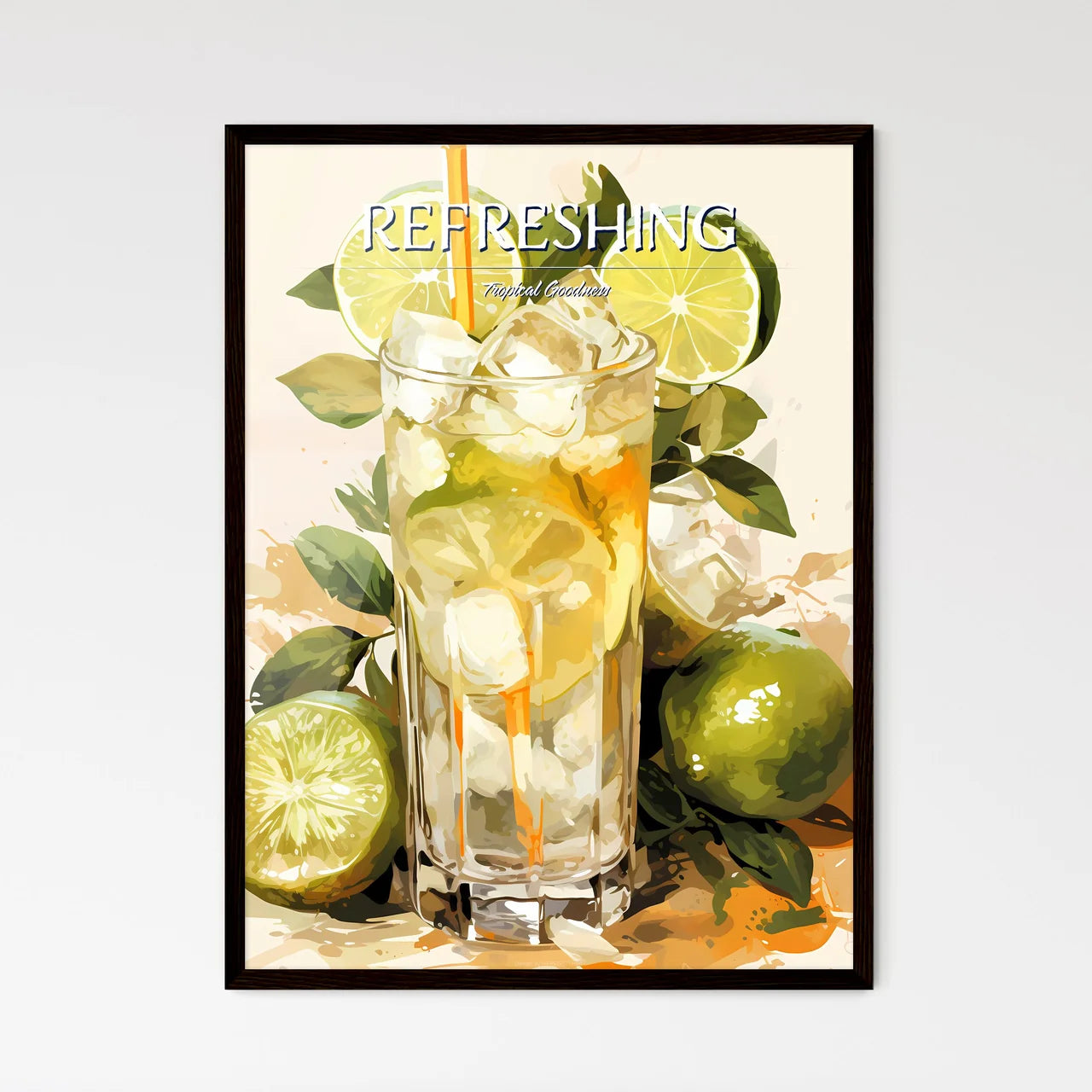 A Glass Of Ice Tea With Limes And Leave - Framed Art Print