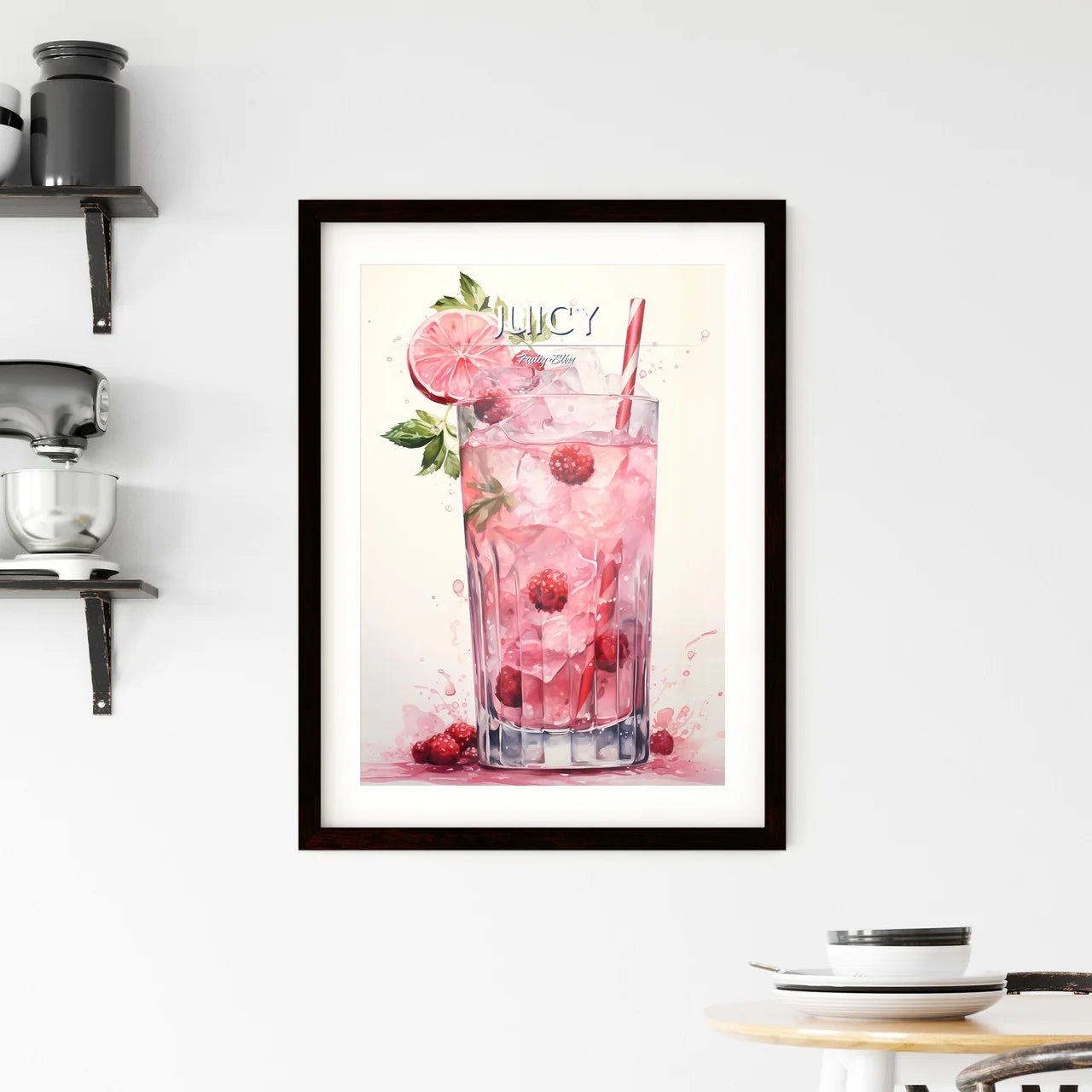 A Glass Of Pink Drink With A Straw And Frui Framed Print