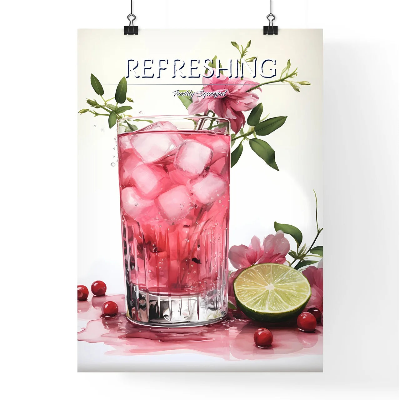 A Glass Of Pink Drink With Ice And A Lime An Poster