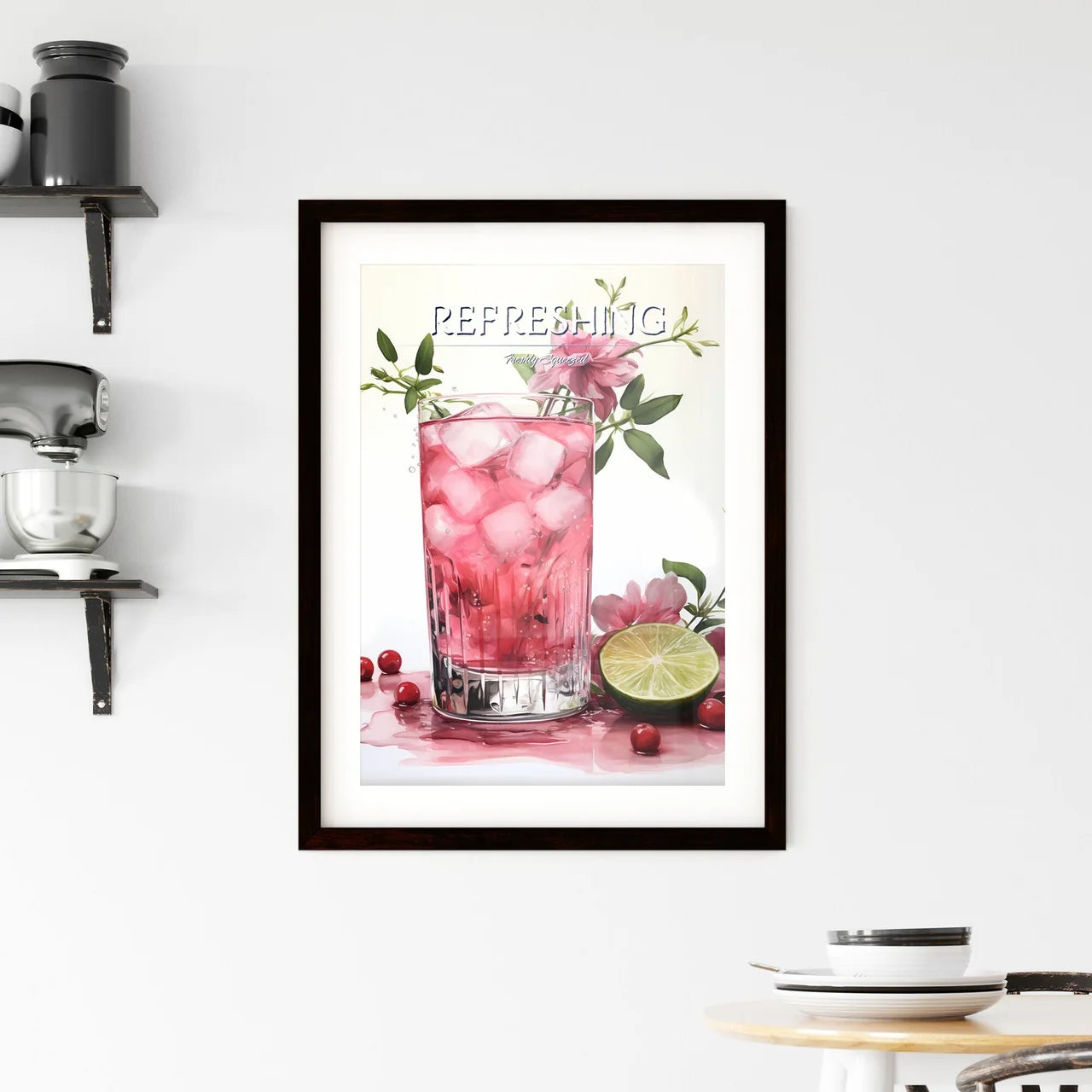 A Glass Of Pink Drink With Ice And A Lime An Framed Print