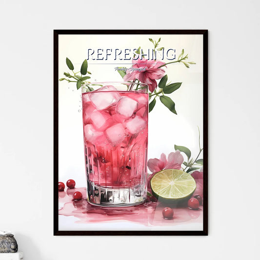 A Glass Of Pink Drink With Ice And A Lime An - Framed Art Print
