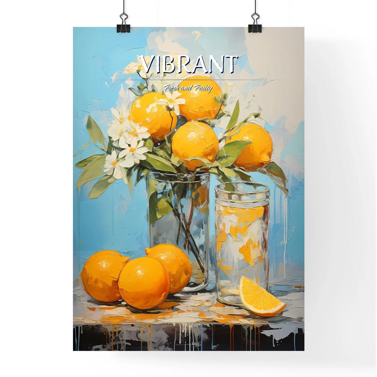 A Glass Vase With Oranges And Flower Poster