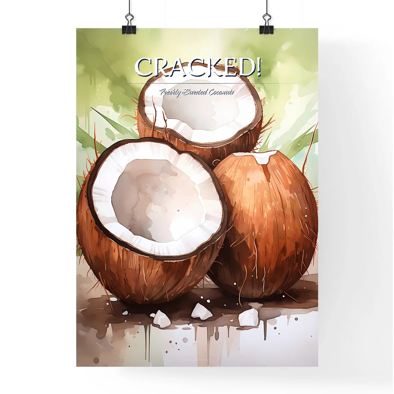 A Group Of Coconuts With A Broken Open Shel Poster