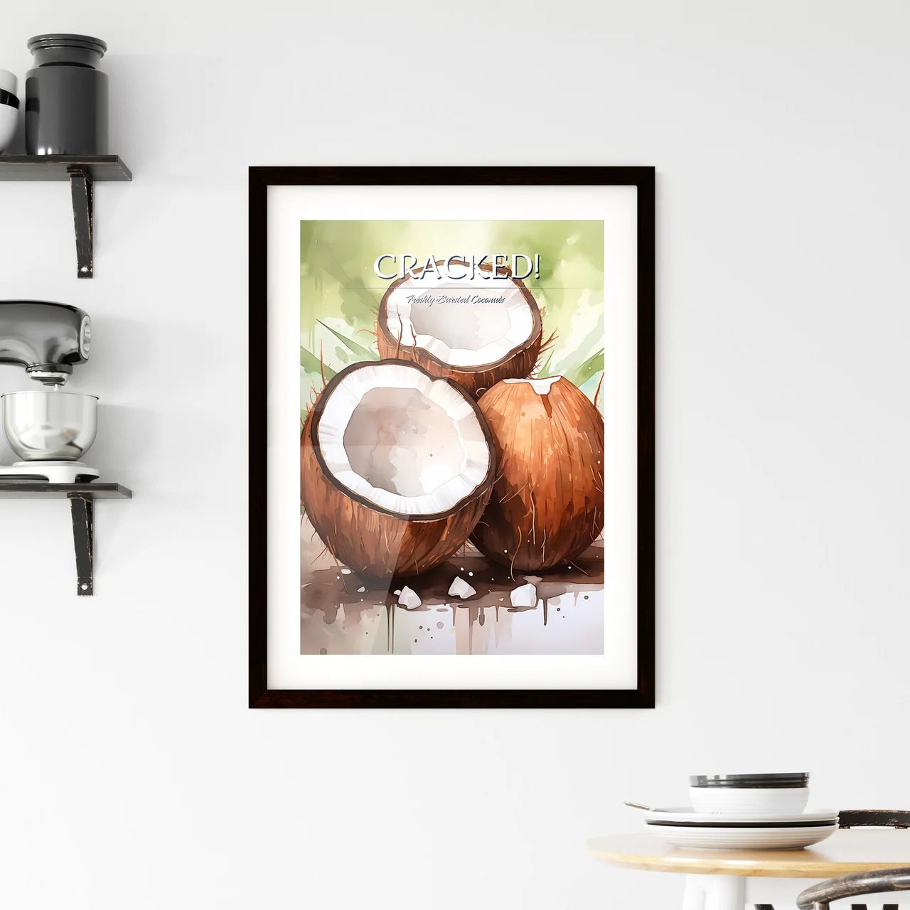 A Group Of Coconuts With A Broken Open Shel Framed Print