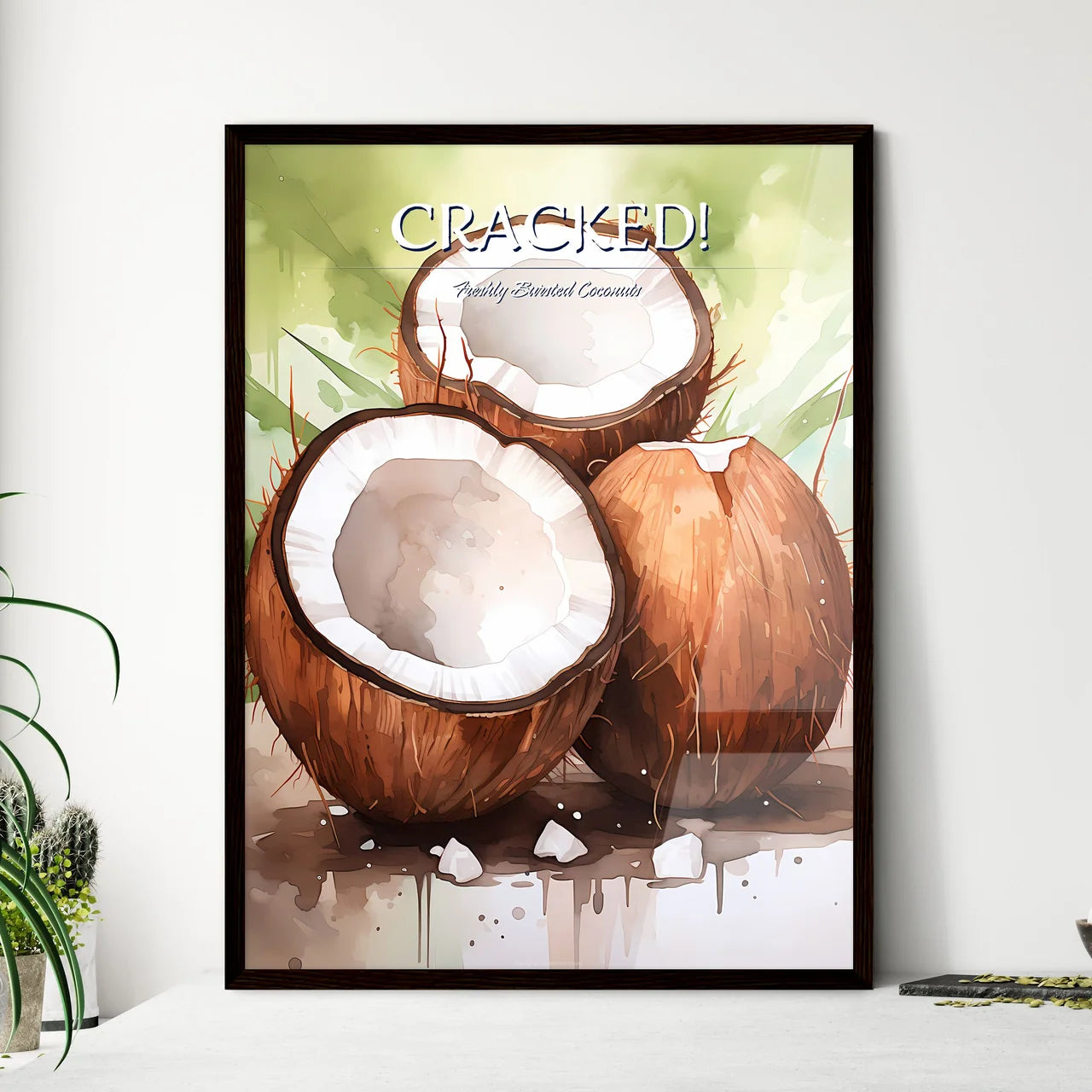 A Group Of Coconuts With A Broken Open Shel - Framed Art Print