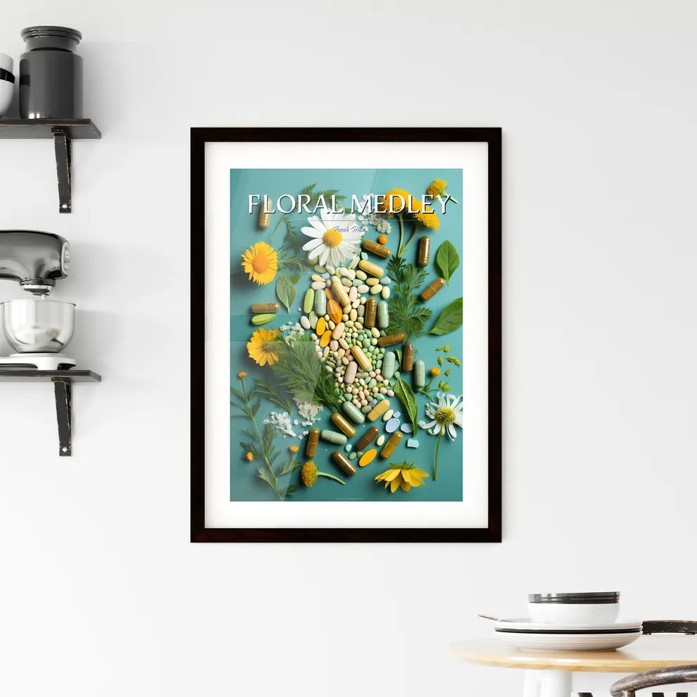 A Group Of Pills And Flower Framed Print