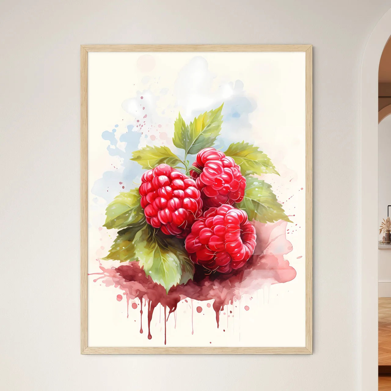 A Group Of Raspberries With Leave - Framed Art Print