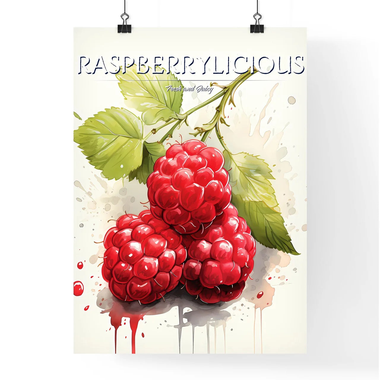 A Group Of Red Raspberries With Green Leave Poster