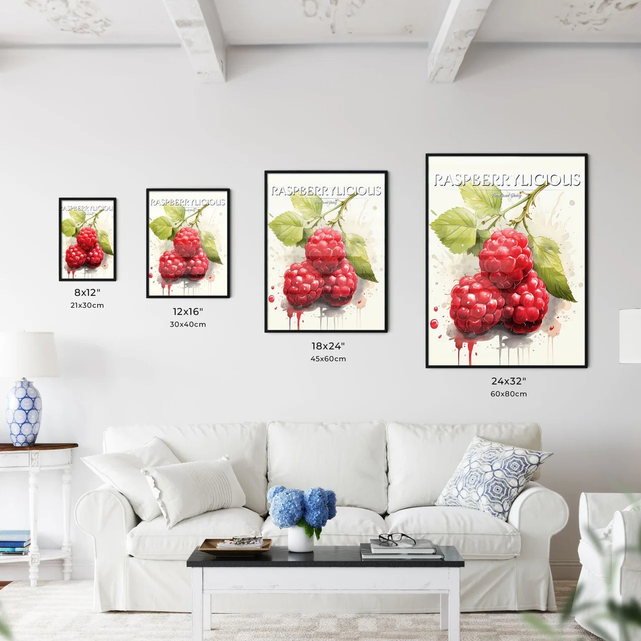 A Group Of Red Raspberries With Green Leave - Kitchen Hangings
