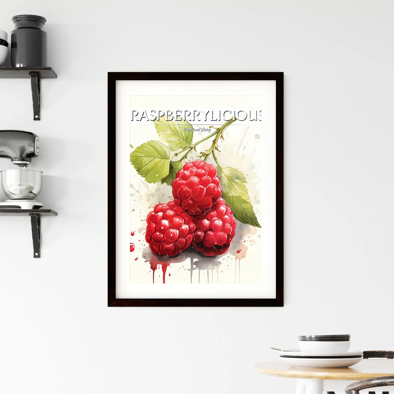 A Group Of Red Raspberries With Green Leave Framed Print