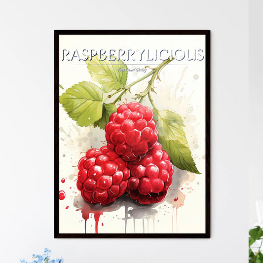 A Group Of Red Raspberries With Green Leave - Framed Art Print