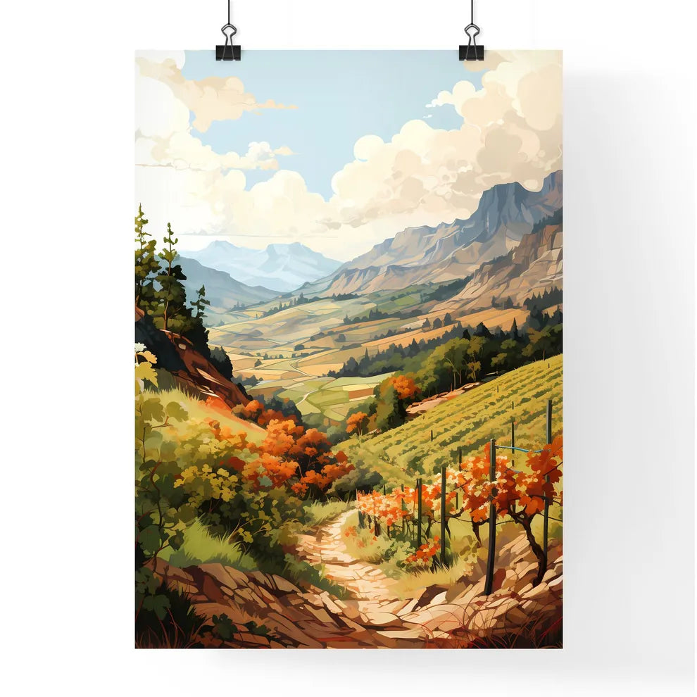 A Landscape Of A Valley With Trees And Mount Poster