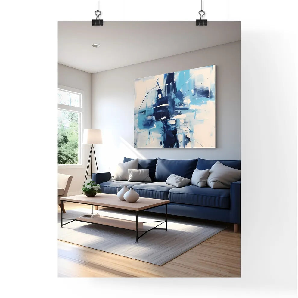 A Living Room With A Blue Couch And A Painti Poster