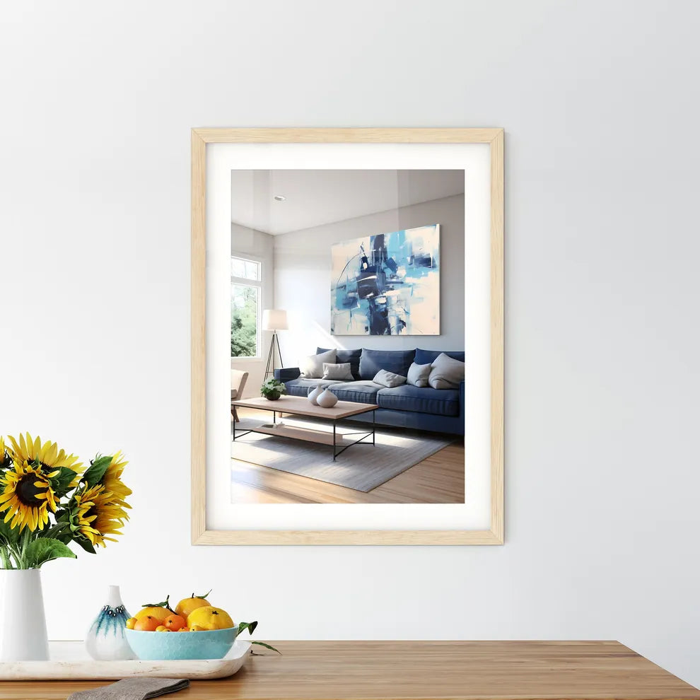 A Living Room With A Blue Couch And A Painti - Kitchen Hangings