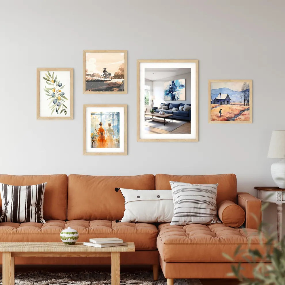 A Living Room With A Blue Couch And A Painti Framed Print