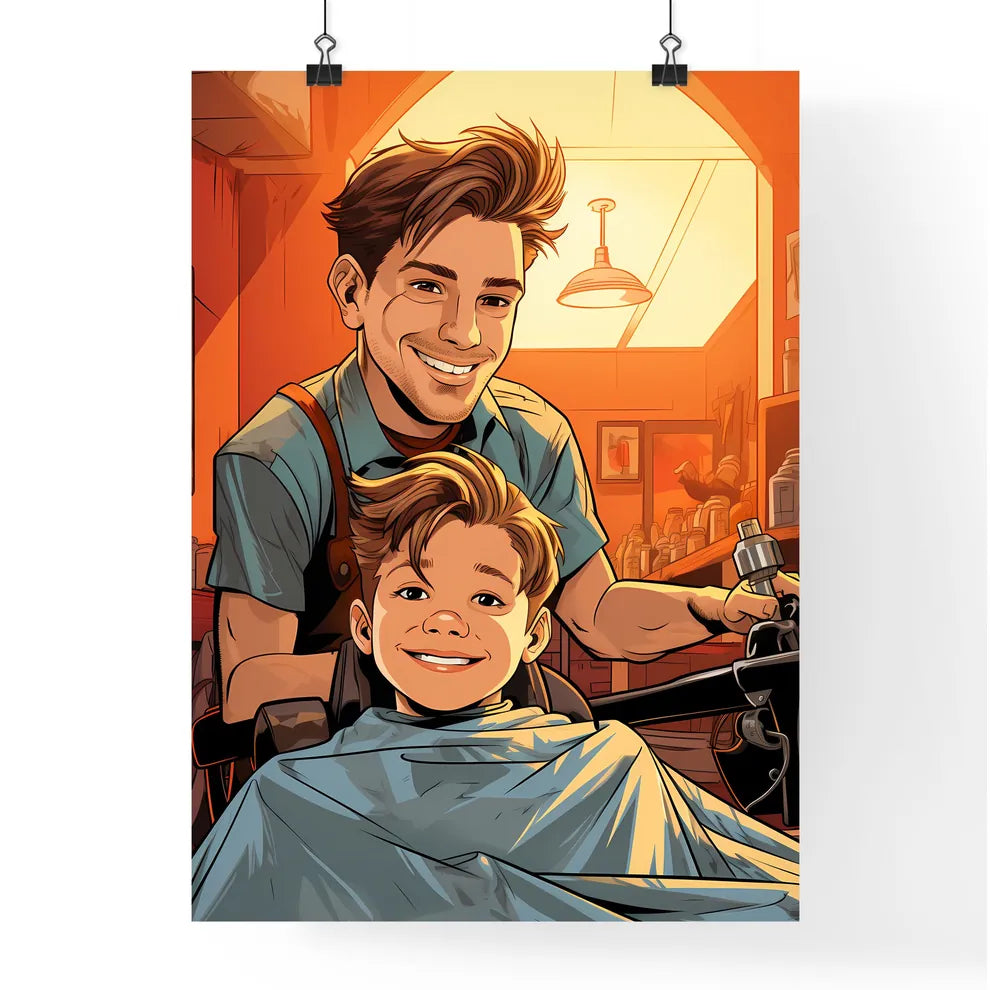 A Man And Boy Sitting In A Barber Sho Poster
