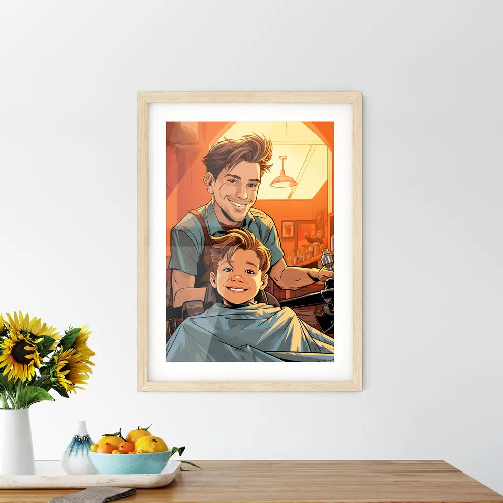 A Man And Boy Sitting In A Barber Sho - Kitchen Hangings