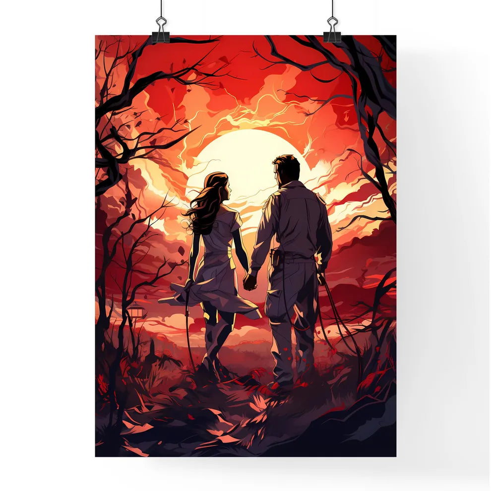 A Man And Woman Holding Hands In A Fores Poster