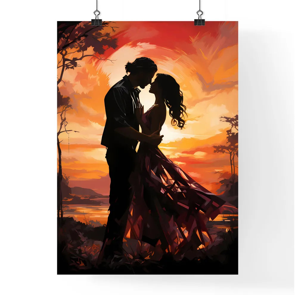 A Man And Woman Kissing In Front Of A Sunse Poster