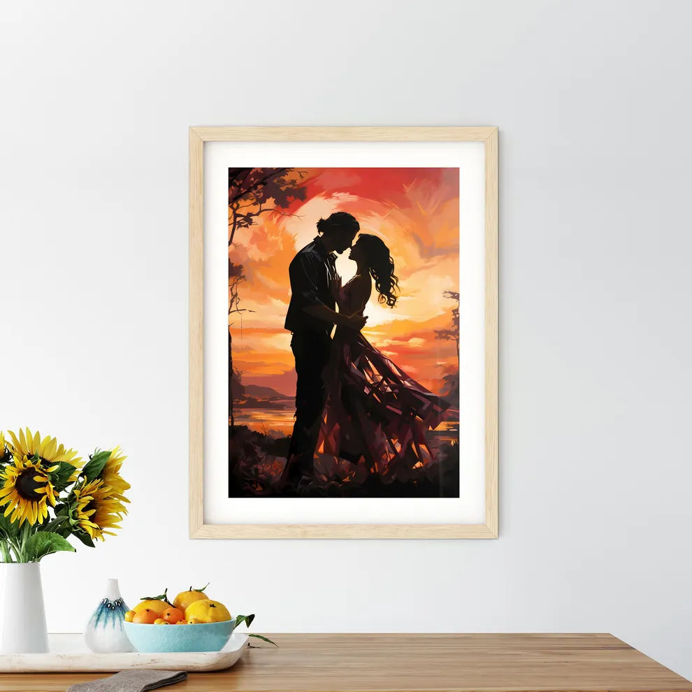A Man And Woman Kissing In Front Of A Sunse - Kitchen Hangings