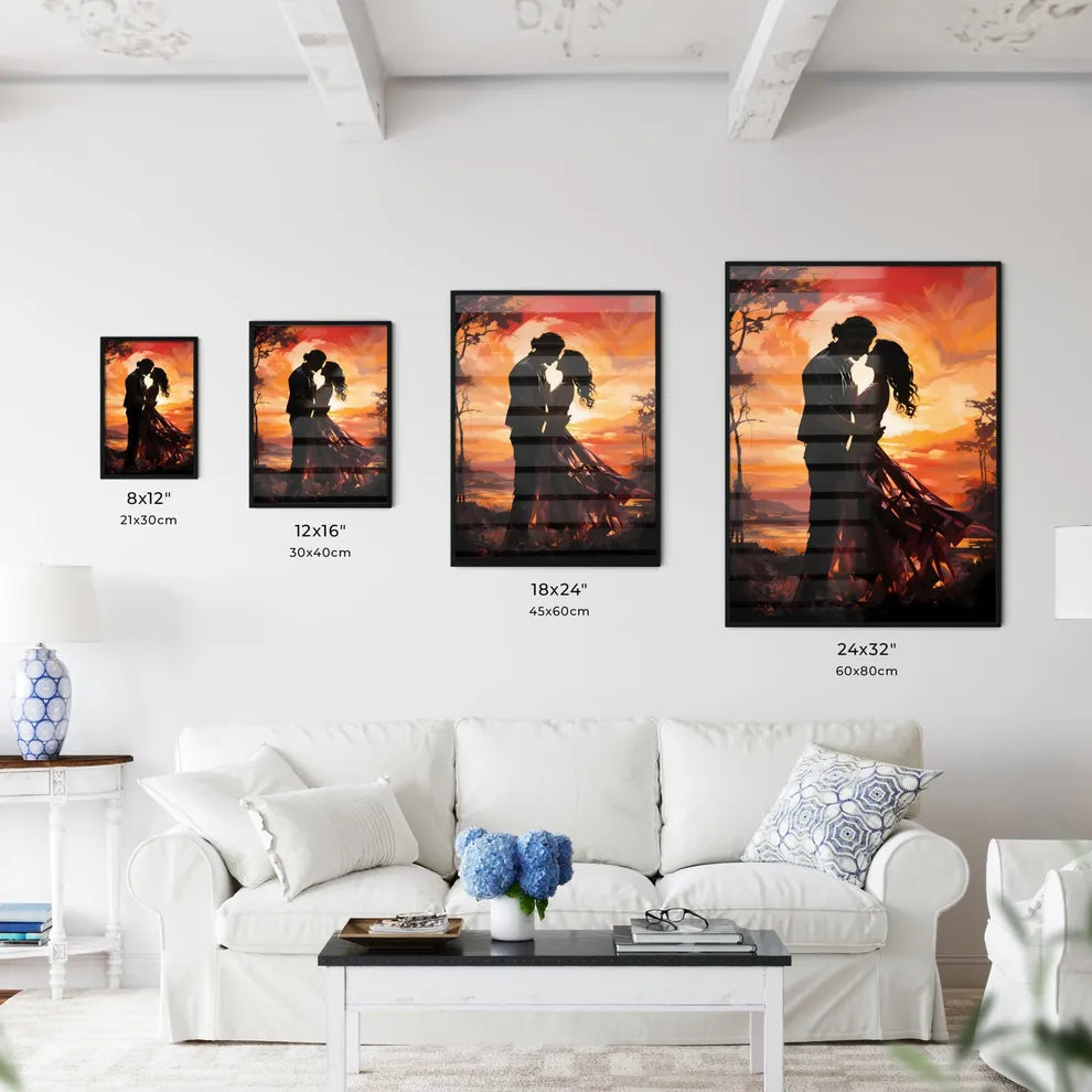 A Man And Woman Kissing In Front Of A Sunse Wall Art