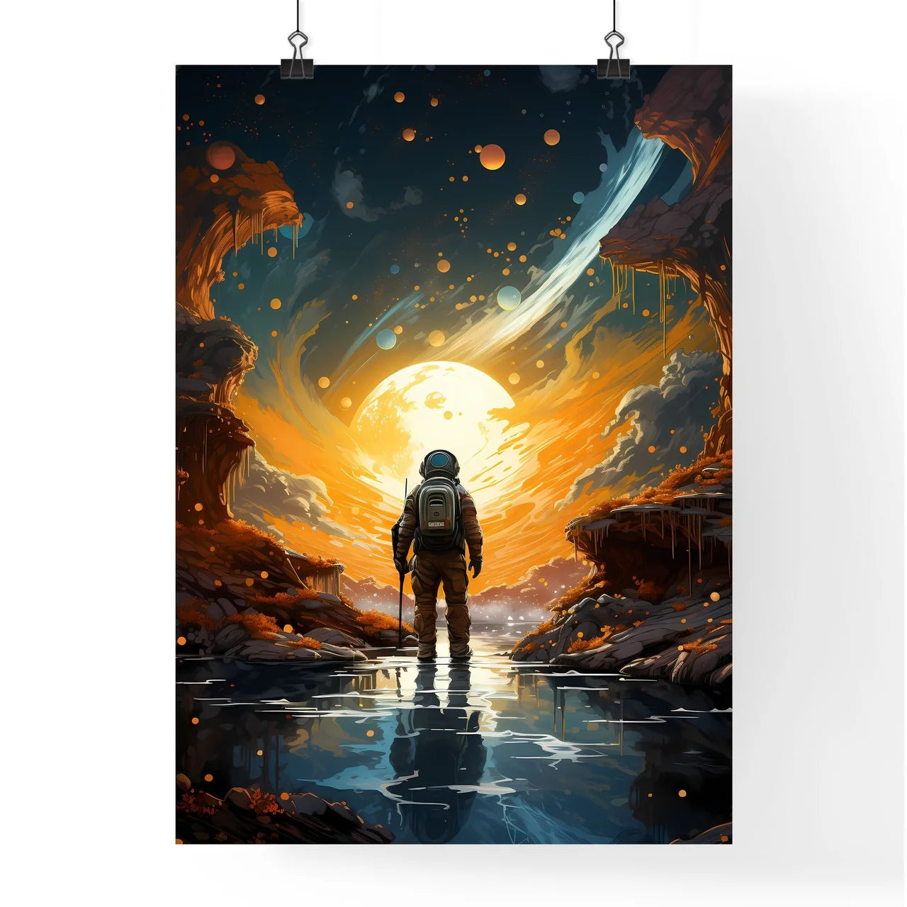 A Man In Space Suit Standing In Water With A Poster