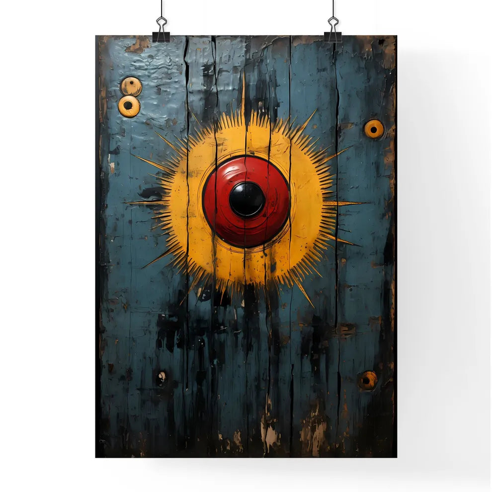 A Painted Wood Board With A Red Circle And B Poster