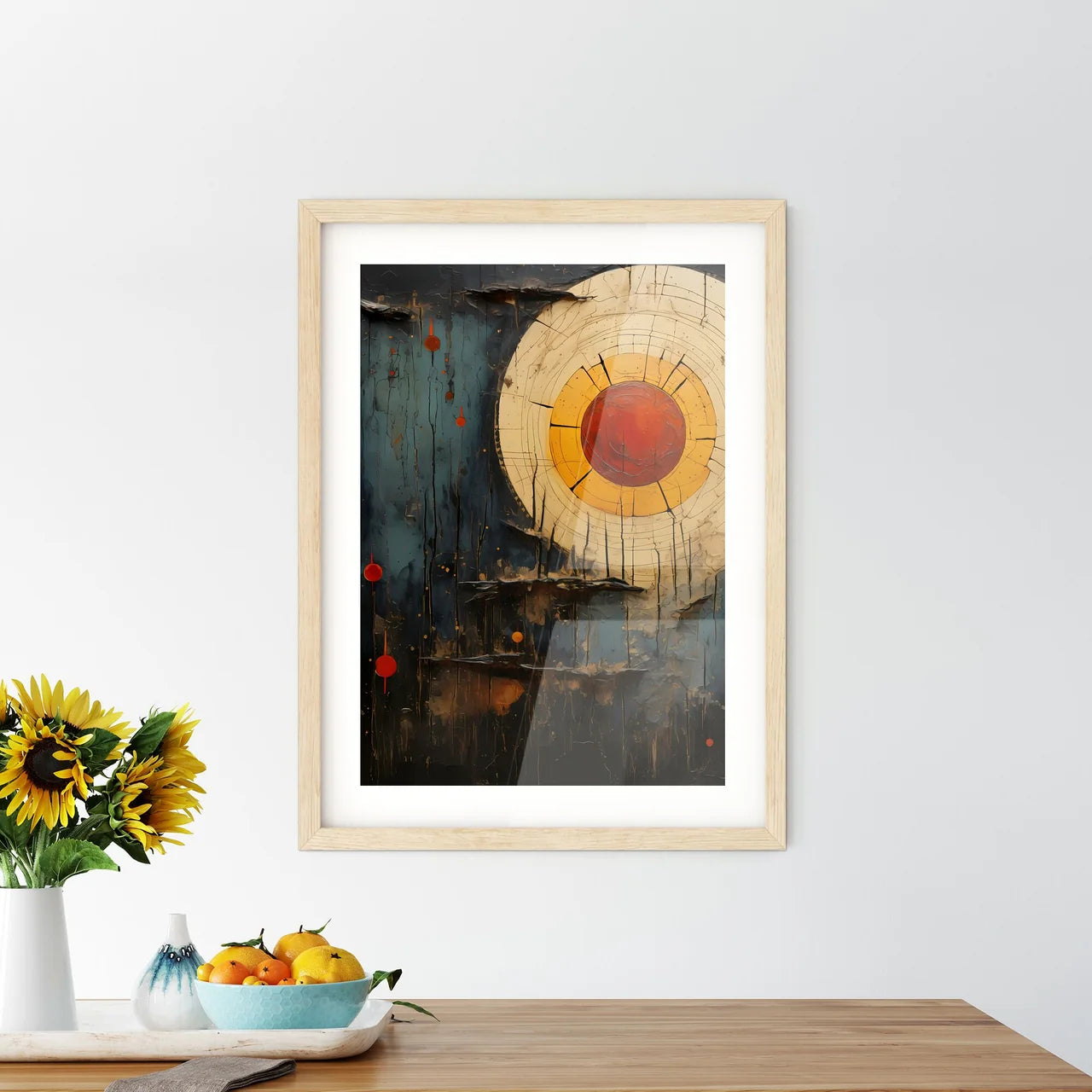 A Painting Of A Circle With Red And Yellow C - Kitchen Hangings