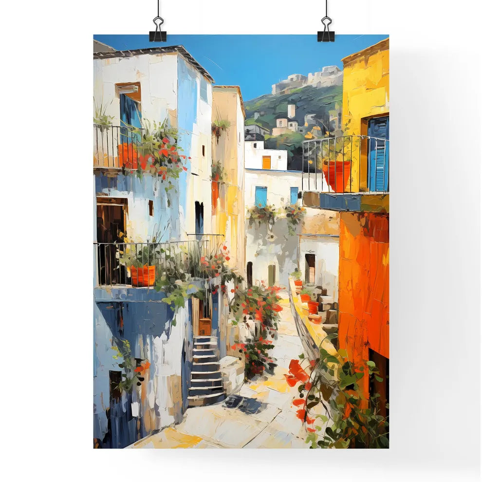 A Painting Of A Courtyard With Colorful Buildings Poster