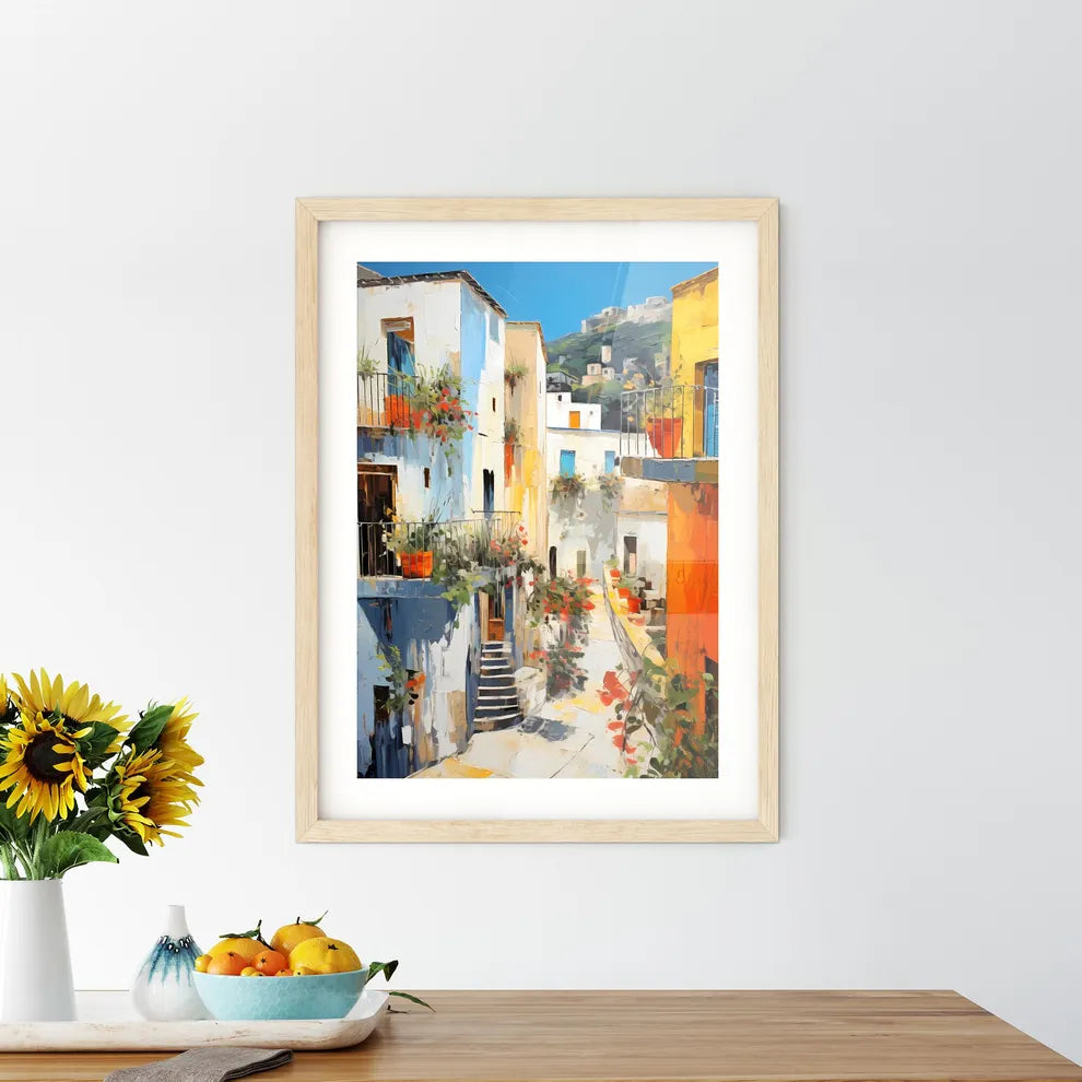 A Painting Of A Courtyard With Colorful Buildings Size Chart