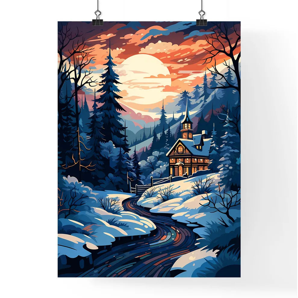 A Painting Of A House In A Snowy Forest Poster