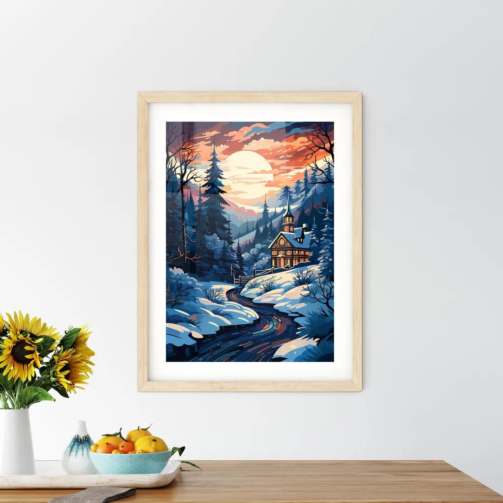 A Painting Of A House In A Snowy Forest Size Chart