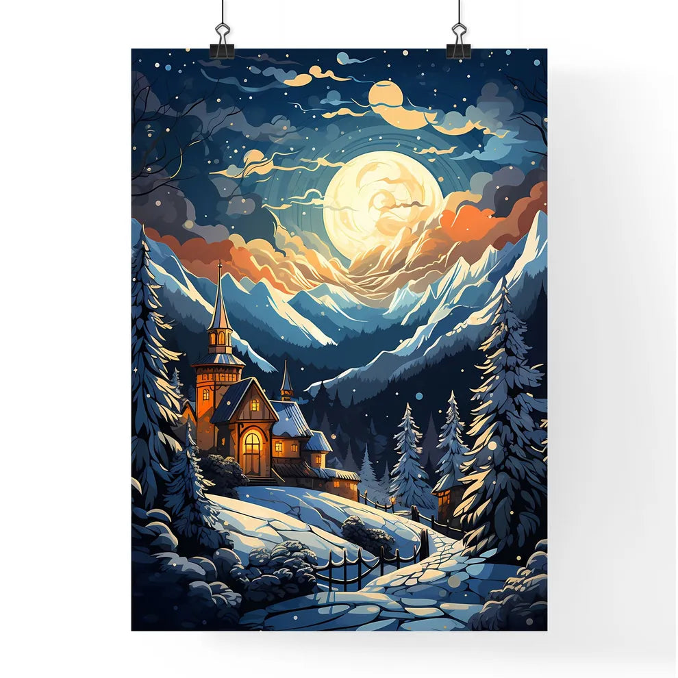 A Painting Of A House In A Snowy Mountain Landscape Poster