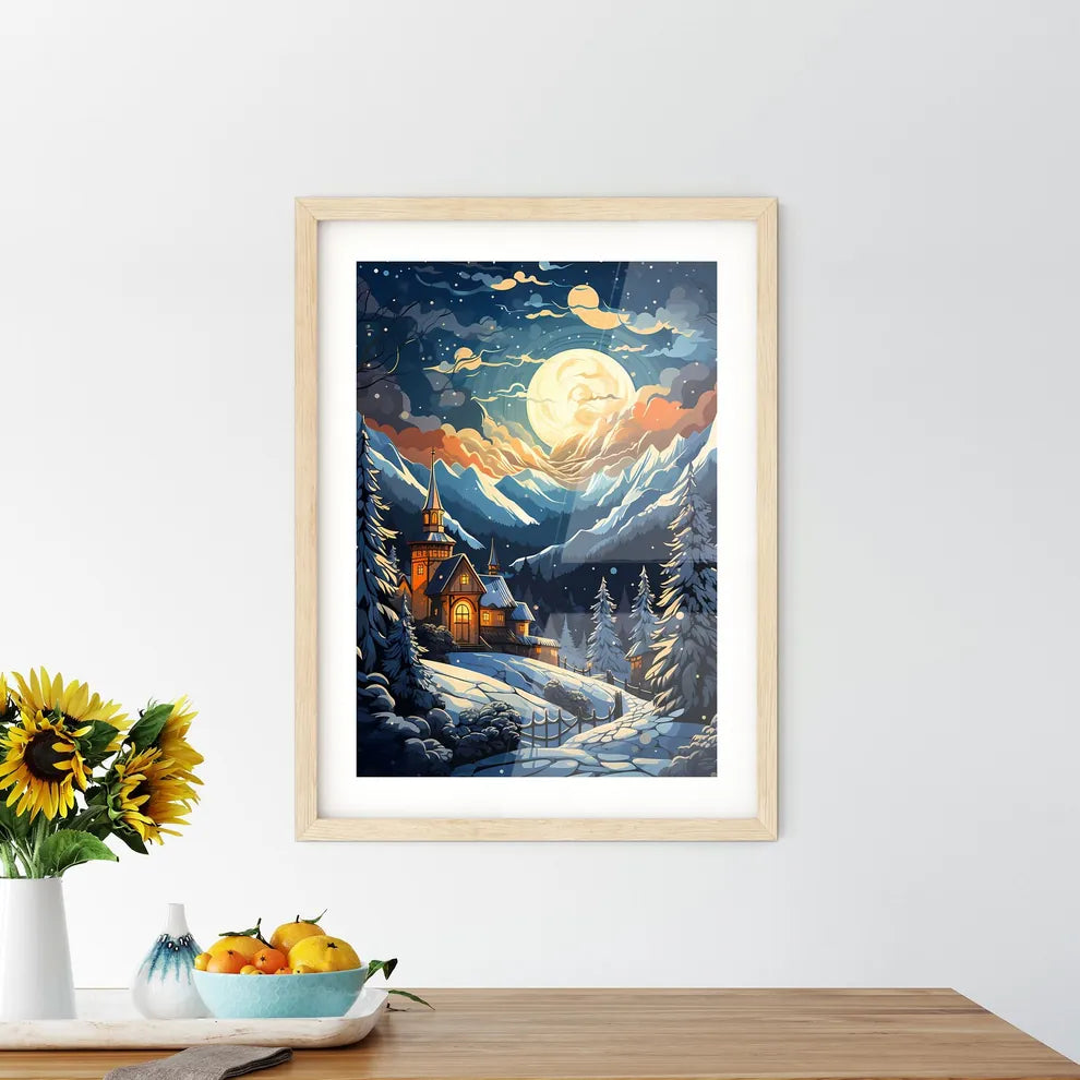 A Painting Of A House In A Snowy Mountain Landscape Size Chart