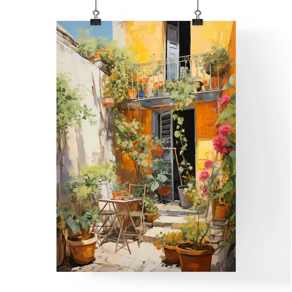 A Painting Of A House With Plants And A Balcony Poster