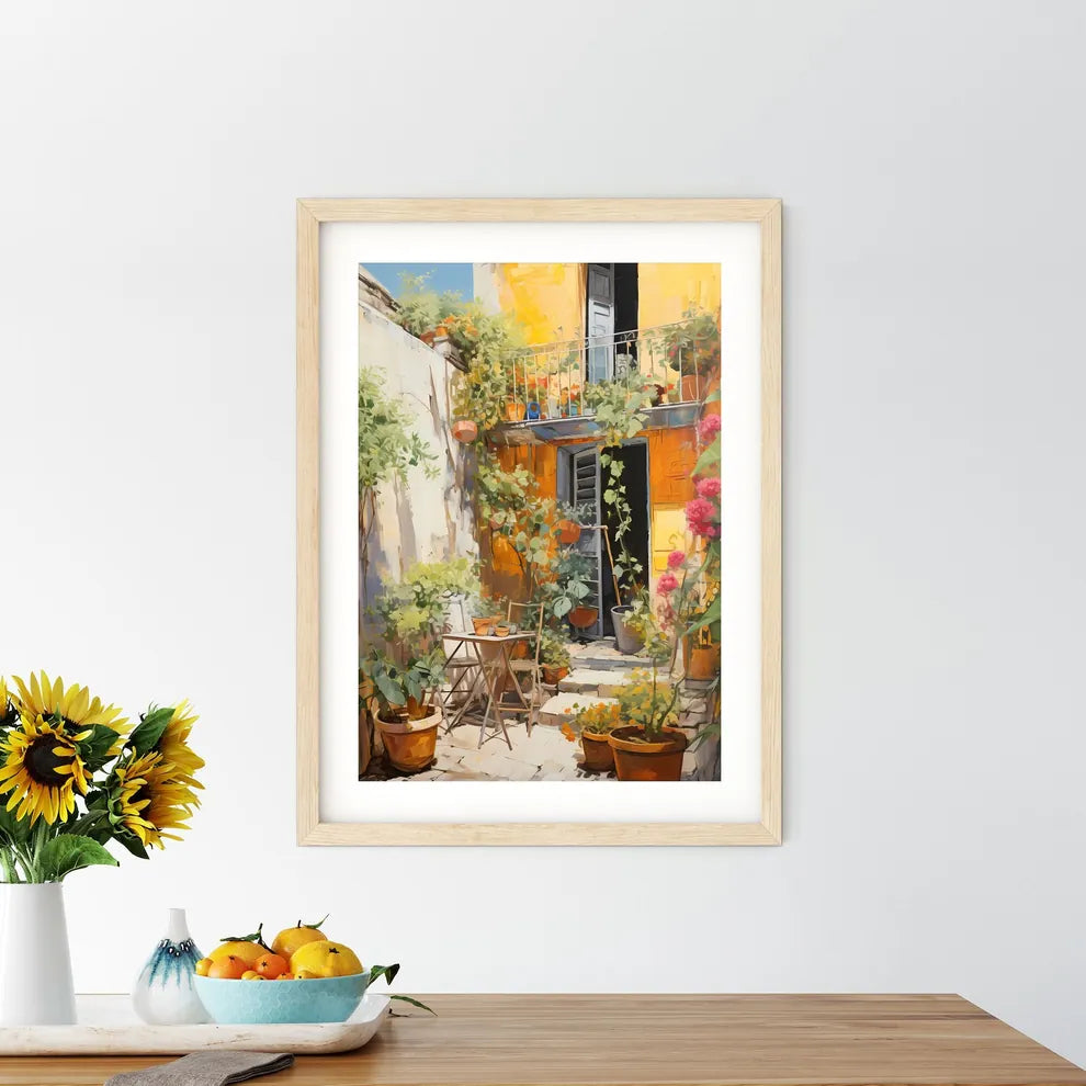 A Painting Of A House With Plants And A Balcony Size Chart