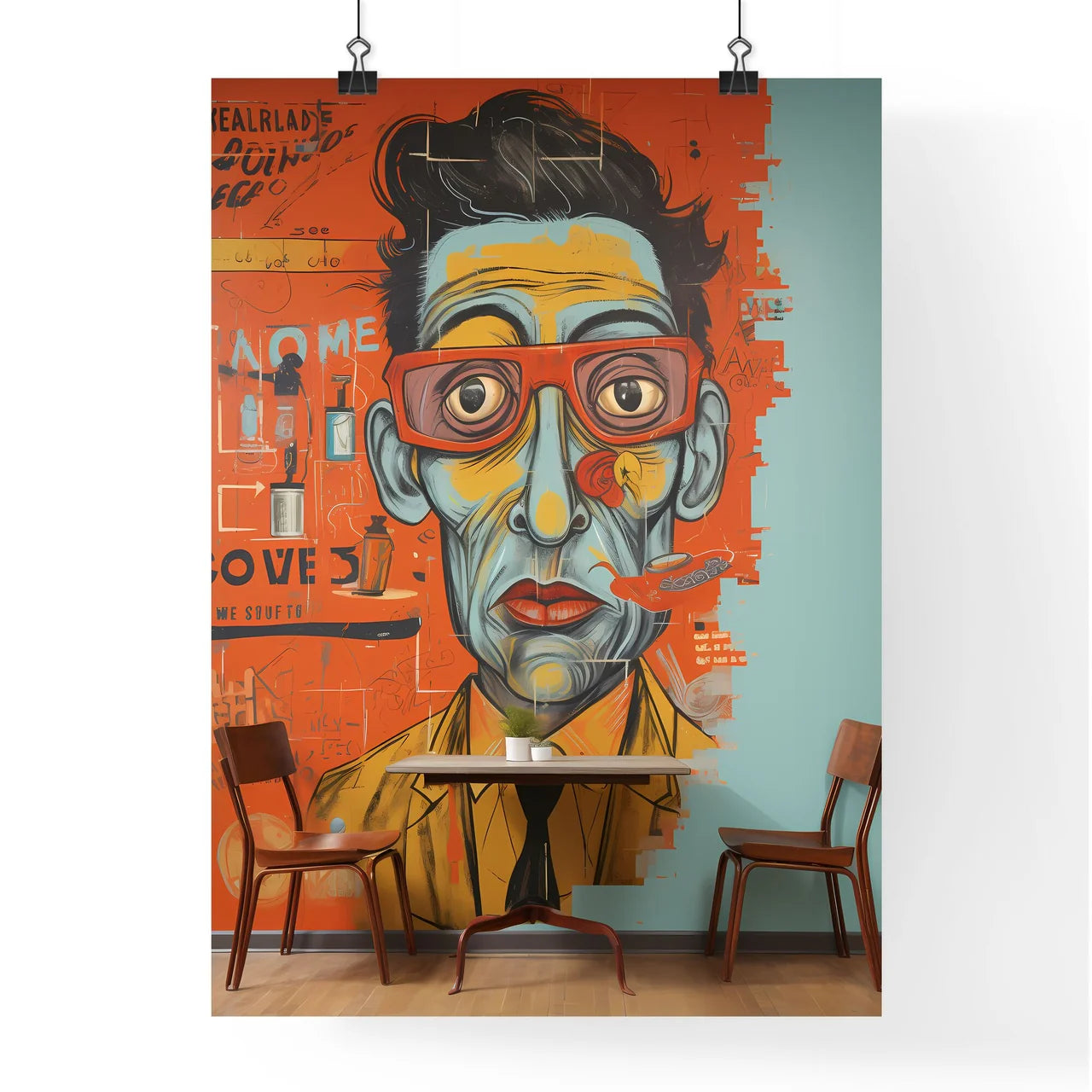 A Painting Of A Man With Glasses On A Wal Poster