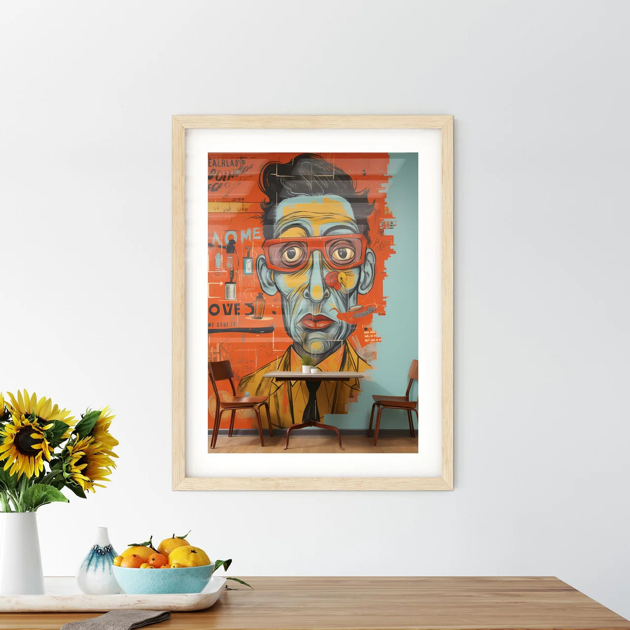A Painting Of A Man With Glasses On A Wal - Kitchen Hangings
