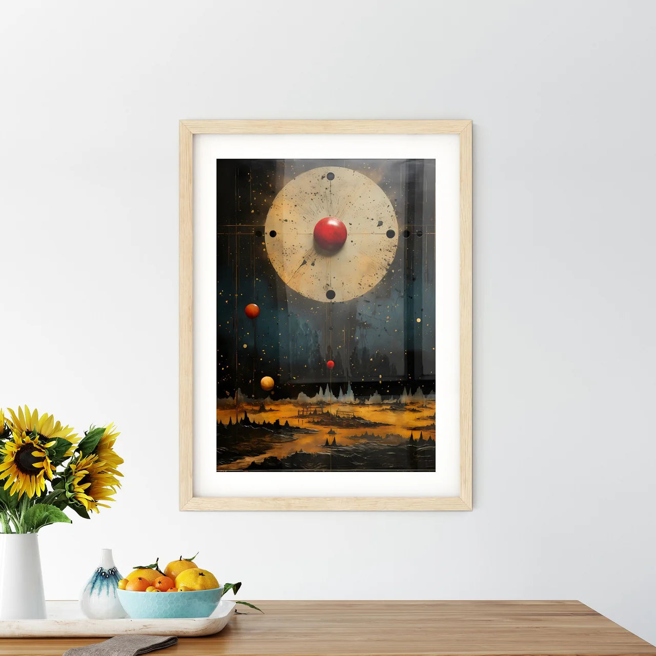 A Painting Of A Red Ball And A White Circle  - Kitchen Hangings