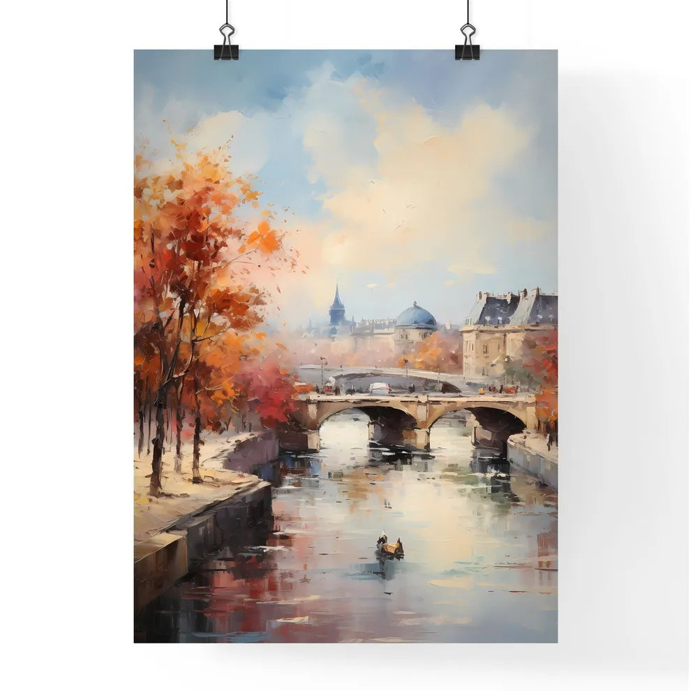A Painting Of A River With A Bridge And Trees Poster