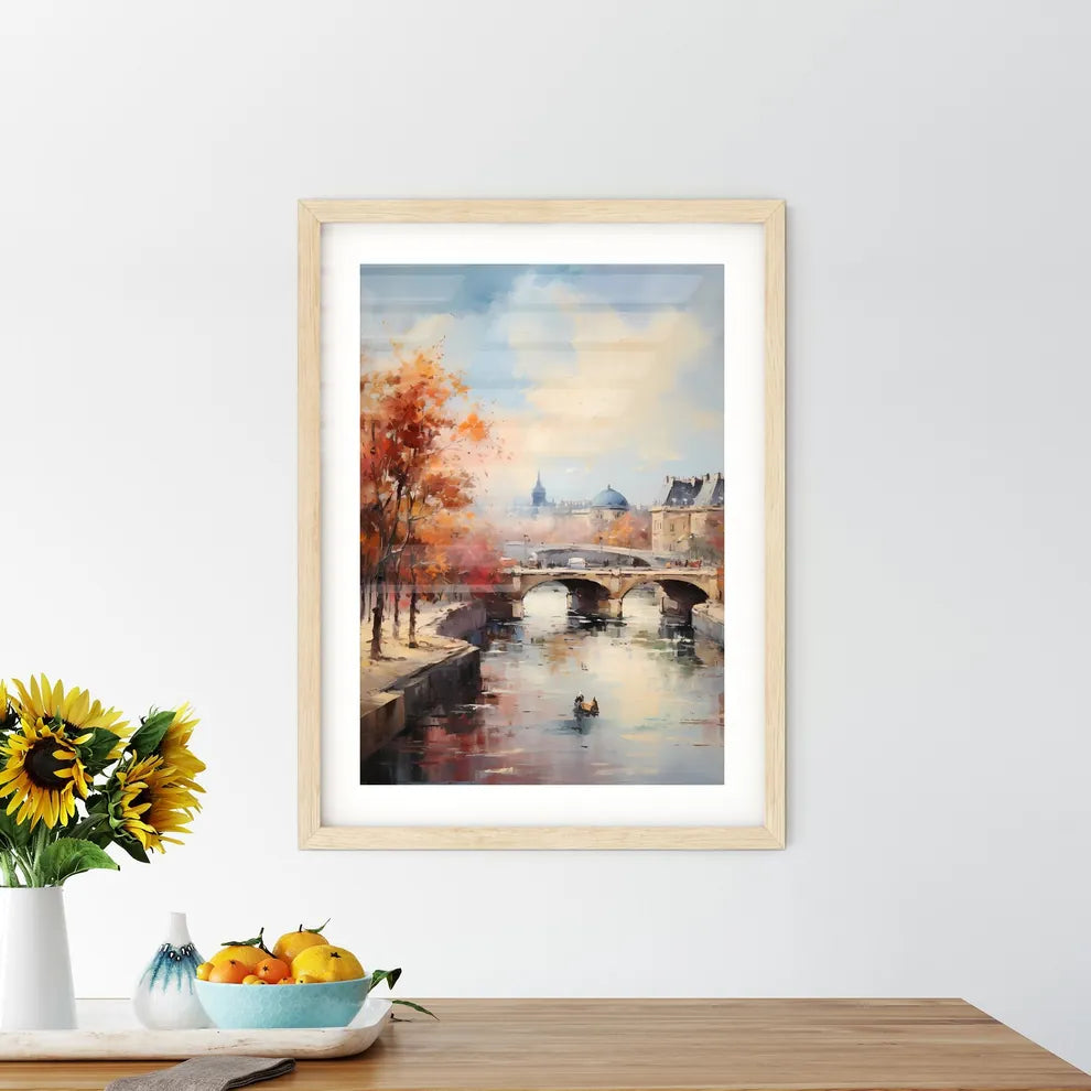 A Painting Of A River With A Bridge And Trees Size Chart