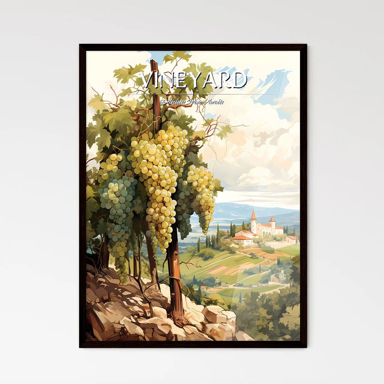 A Painting Of A Vineyard With A Castle In Th - Framed Art Print