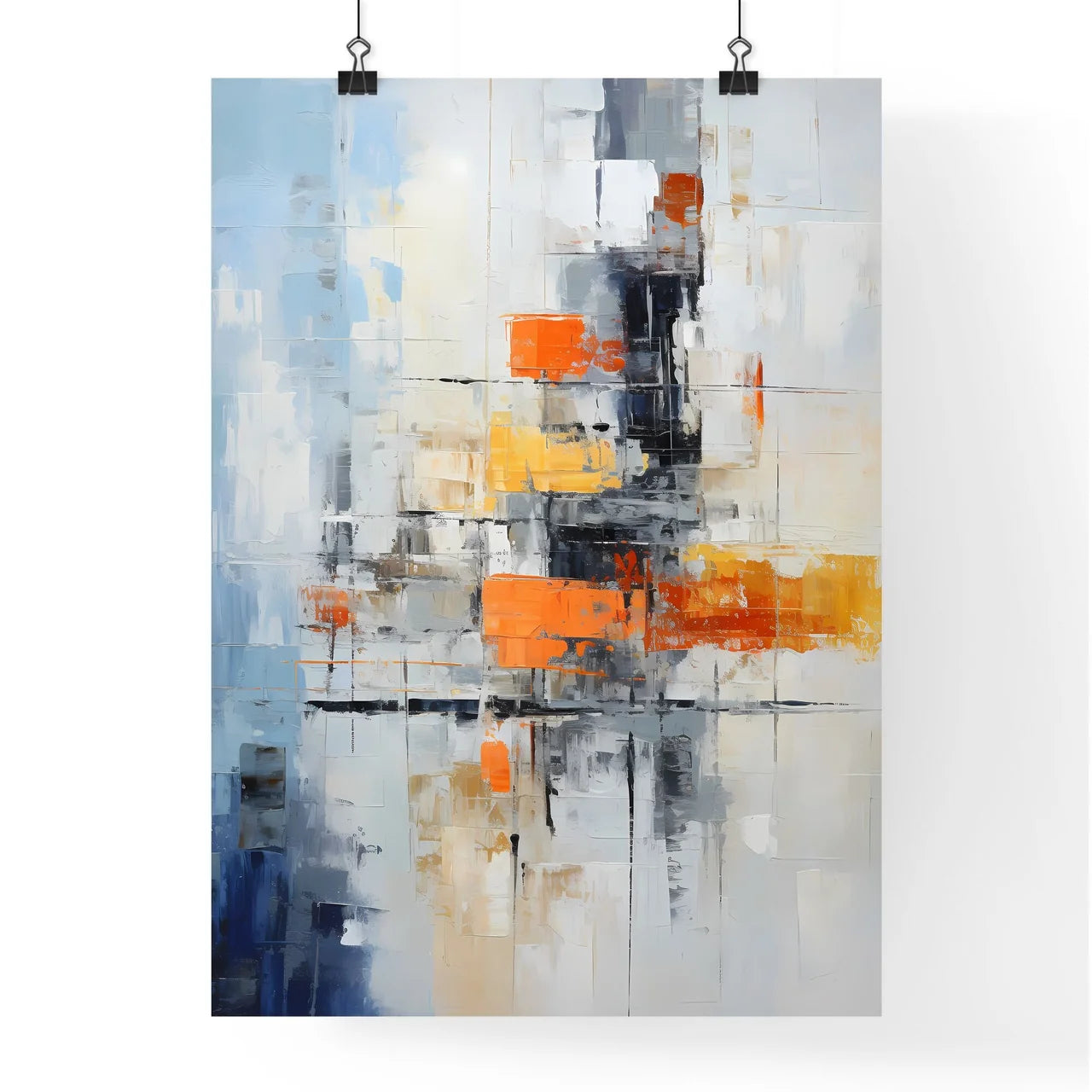 A Painting Of A White Wall With Orange And Blue Squares Poster