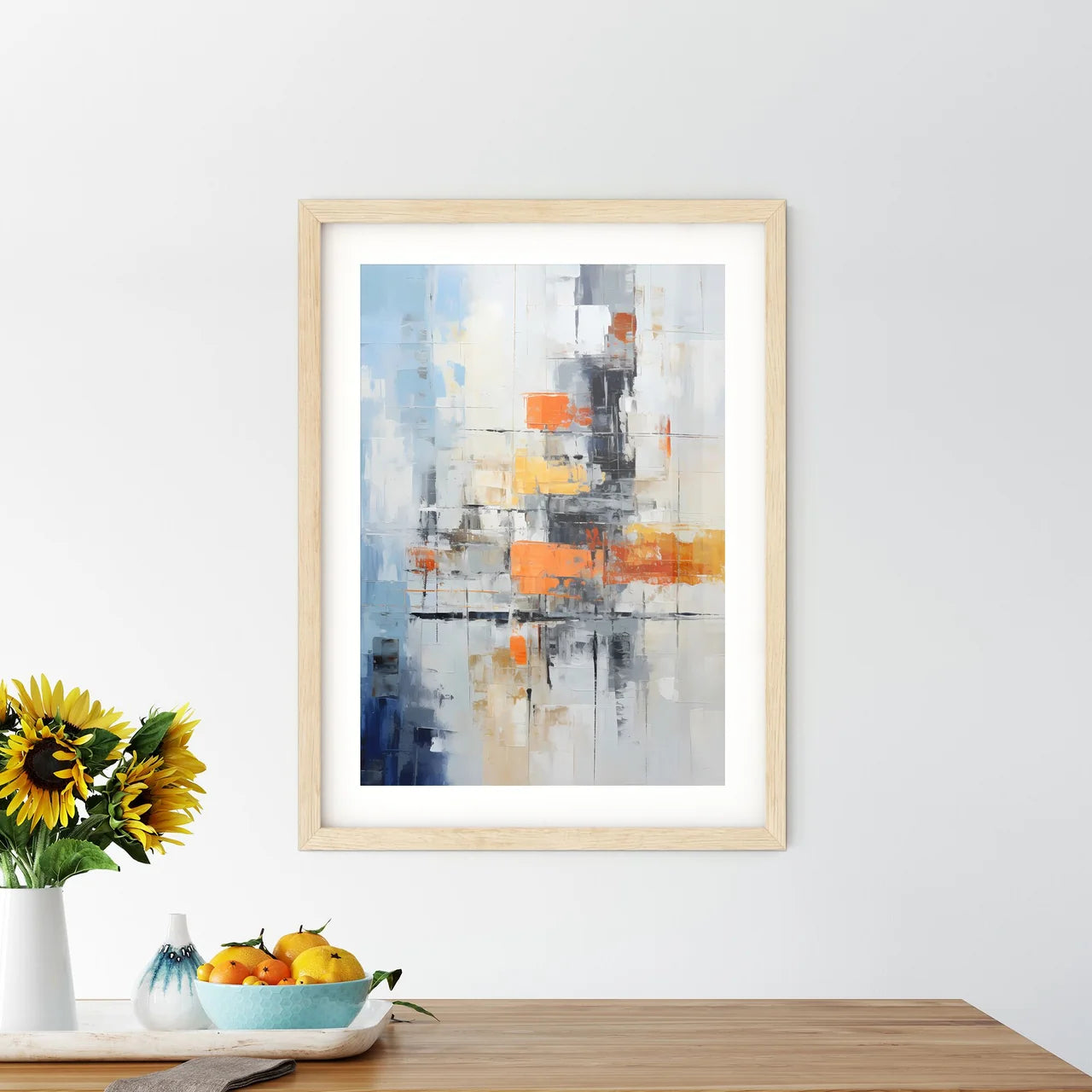 A Painting Of A White Wall With Orange And Blue Squares Size Chart