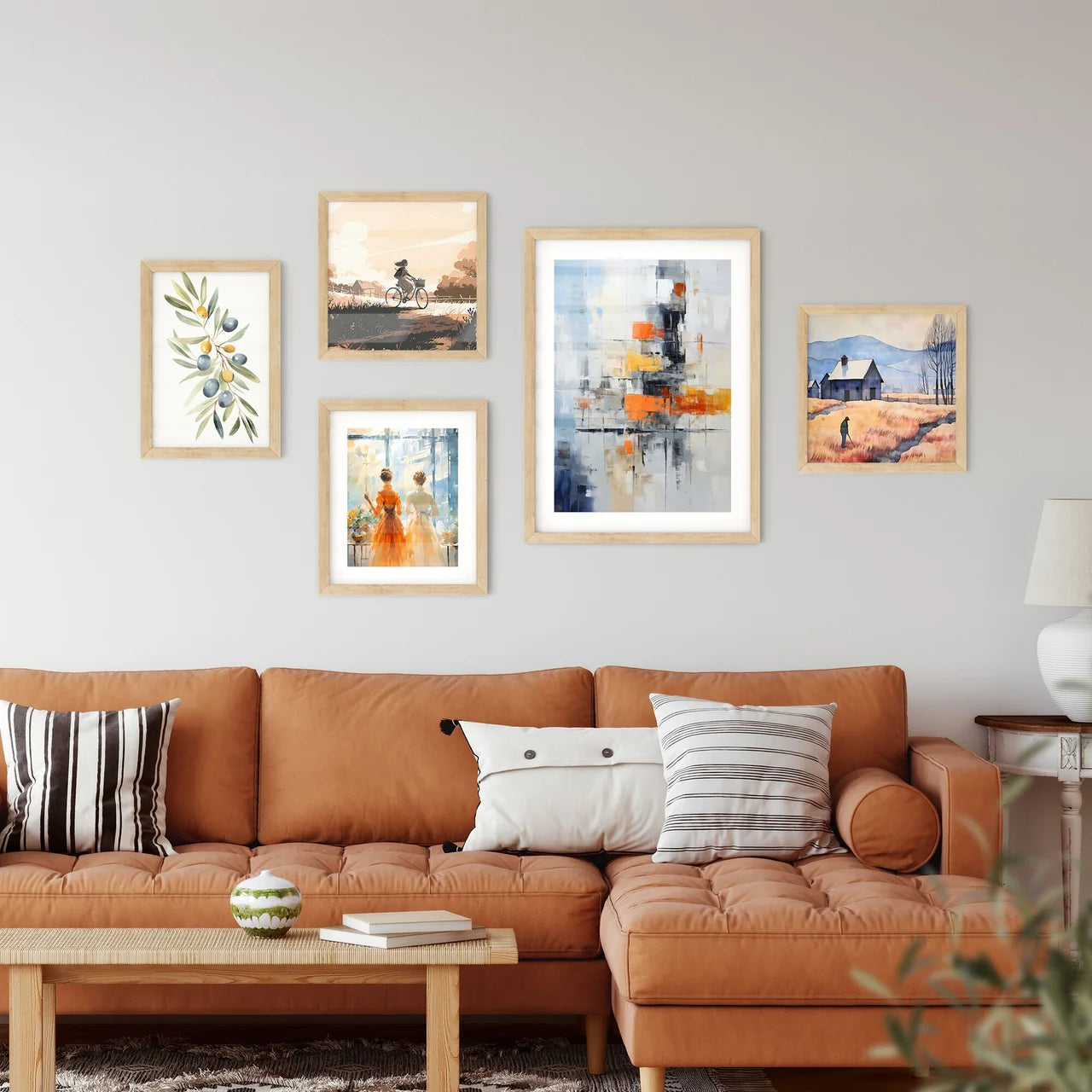 A Painting Of A White Wall With Orange And Blue Squares Custom Print