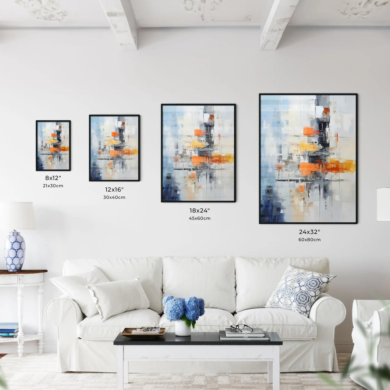 A Painting Of A White Wall With Orange And Blue Squares Interior Design
