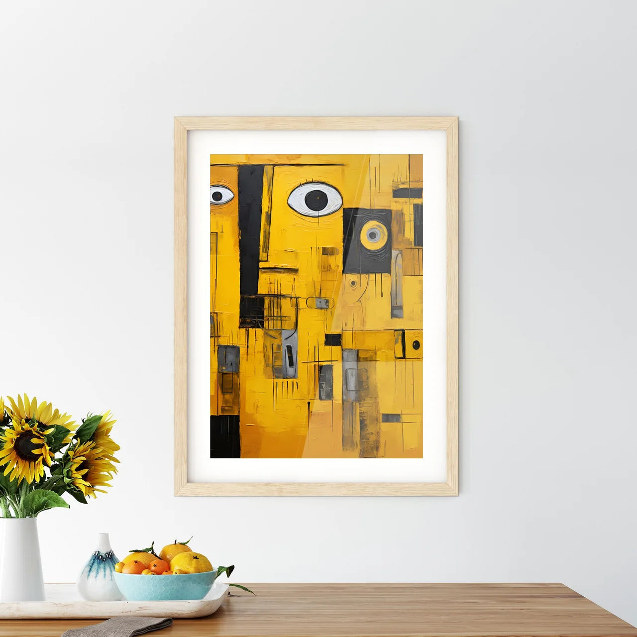 A Painting Of A Yellow And Black Fac - Kitchen Hangings