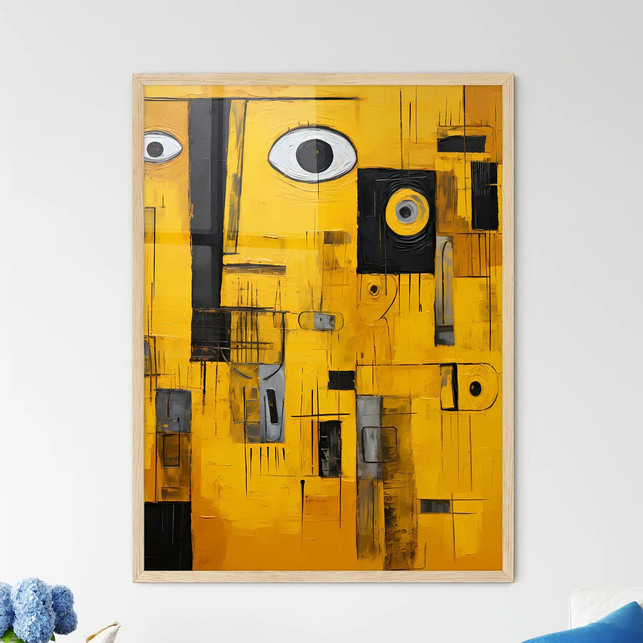 A Painting Of A Yellow And Black Fac - Framed Art Print